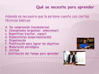 Qué se necesita para aprender

Además es necesario que la persona cuente con ciertas
técnicas básicas:

A. De comprensión (vocabularios)
b. Conceptuales (organizar, seleccionar)
c. Repetitivas (recitar, copiar)
d. Exploratorias (experimentación)
e. Organización
f. Planificación para lograr los objetivos
g. Maduración psicológica
h. Actitud
i. Distribución del tiempo para aprender
 