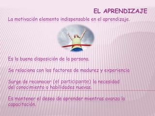 EL APRENDIZAJE
La motivación elemento indispensable en el aprendizaje.




Es la buena disposición de la persona.

Se relaciona con los factores de madurez y experiencia

Surge de reconocer (el participante) la necesidad
del conocimiento o habilidades nuevas.

Es mantener el deseo de aprender mientras avanza la
capacitación.
 