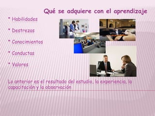 Qué se adquiere con el aprendizaje
* Habilidades

* Destrezas

* Conocimientos

* Conductas

* Valores


Lo anterior es el resultado del estudio, la experiencia, la
capacitación y la observación
 