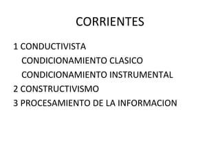 CORRIENTES 1 CONDUCTIVISTA CONDICIONAMIENTO CLASICO CONDICIONAMIENTO INSTRUMENTAL 2 CONSTRUCTIVISMO 3 PROCESAMIENTO DE LA INFORMACION 