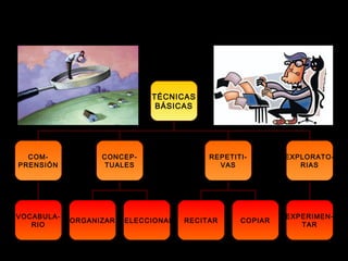 Experiencia… es “saber aprender”
TÉCNICAS
BÁSICAS
COM-
PRENSIÓN
CONCEP-
TUALES
REPETITI-
VAS
EXPLORATO-
RIAS
VOCABULA-
RIO
ORGANIZAR SELECCIONAR RECITAR COPIAR
EXPERIMEN-
TAR
 