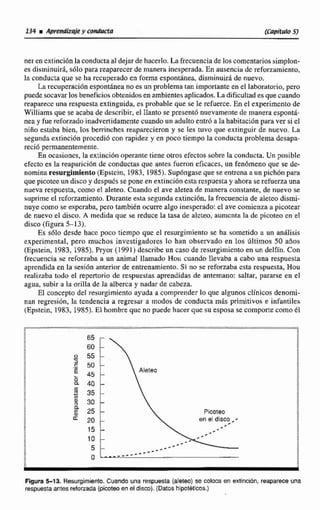 134 im k & y cond~~cta (Capítulo 5)
ner en cxiincibn la conducta al dejar de hacerlo. La frecuencia de loscomentariossimplon-
es disminuir&s610 para reaparecer de manera inesperada. En ausenciade reforzarniento,
la conducta que se ha recuperado en forma espontiinea, disminuirdde nuevo.
La recupcracibn espontáneano es un problema tan importante en el laboratorio, pero
puede socavar lo8 beneficios obtenidosen ambientesaplicados.La dificultades quecuando
reaparece una respuesta extinguida. es probable que se le refuerce.En e1experimcnto de
Williarns que se acabade describir, el llanto se presentó nuevamente de manera esponta-
nea y fue reforzadoinadvertidamentecuandoun adultoentr6 a la habitacidnpara ver si el
niño estaba bien, los berrinches reaparecieron p se les tuvo que extinguir de nuevo. La
segundaextinción procedibcon rapidez y en poco tiempo la conducta problema desapa-
recio permanentemente.
En ocaciones, la extincibn operanre tiene otros efectos sobre la conducta. Un posible
efecto es la reaparicibn de conductas que antes fueron eficaces, un fen6meno que se de-
nominaresurgimiento (Epstcin, 1983,1985). Supóngase que se entrena a un pich6n para
que picoteeun disco y despuds se pone en extinci6n esta respuesta y ahora se refuerza una
nueva respuesta, como el aleteo.Cuando el ave aletea de manera constante, de nuevo .se
suprimeel rcforzamiento, Durante e&tasegunda extinción, la frecuenciade aletco dismi-
nuye como se esperaba, pero tambien ocurre algo inesperado: el ave comienza a picotear
de nuevo el disco. A medida que se reduce la tasa de alcteo, aumcnta la de picoteo ea el
disco (figura5-1 3).
Es sólo desde hacc poco tiempo que el resurgimiento se ha sometido a un an81isis
experimental, pero muchos investigadores lo han observado en los úiltfmos 50 años
(Epstein, 1983, 1985). Pryor ( J 991) describe un caso de resurgimiento en un delfin. Con
frecuencia se reforzaba a un animal llamado Hou cuando llevaba a cabo una respuesta
aprendida en la sesión anteriorde entrenamiento. Si no se reforzaba esta respuesta, Hou
realizaba todo e1 seper~oriode respuestas aprendidas de antemano: saltar, pararse en el
agua, subir a la orilla de la alberca y nadar de cabeza.
El concepto del resurgimientoayuda a comprender lo que algunos clínicos denomi-
nan regresidn, la tcndencía a regresar a modos de conducta mis primitivos e infantiles
(Epstein, 1983, 1985). El hambre quc no puede hacer que su esposa se comporte como él
Figura 5-13. Resurgimiento. Cuando una respuesta (aleteo)se coloca en extincibn, reapareceuna
respuestaantes reforzada (picotea en el disco). (Datos hipotéticos.)
 