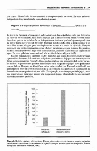 que correr, El resultado fueque aumeni6 el tiempo ocupado en correr. En otras palabras,
la ingestidn de aguareforzaba la conducta de correr.
Pregunta 5-9: Segm el principiode Premack, la conducta retuerzaa la
conducta
La teorfa de Pttmack afirma que el valor relativo de lasactividades es lo que determina
su valor de reforzamiento.Esta teoría implica que la relaci6n entre beber y correr puede
invertirse, que correrpodríareforzar la ingestion de líquidosi pudiera lograrse que el valor
de correr fuera mayor que el de beber. Premack estudió dicha idca al proporcionar a las
ratas libre acceso al agua,p restsingicndo su acceso a la rueda de cjcrcicio. Despues
estableciduna contingencia entre correry beber: para tener acceso a la rueda de ejtrcicio,
lar ratas tenían que beber. Bajo estas circunstancias, aumentóla conductade iagestidn de
agua. En otras palabras, correr reforzó a la acción de beber (figura 5-17).
En otro experimento, Premack (1959) permitió que niños de primer grado tuvieran
oportunidad de comerdulces de una máquina expendedoraodejugar con una máquinade
billar romano rndnico (pinball).Éstos podían realizaruna sola actividad o alternar en-
tre las dos. Algunos niiior;pasaron más ricmpo en la máquina dejuego; otros prefirieron
cerner dulces. DespuCs de identificar cstos valores relativos, Premack estableció una
contingencia entre el accesode cada niAo a su conducta más probable y la ejecución de
la conducta menos probable de ese nifio. Por ejemplo, un nifío que prefería jugar, tenia
que comerdulces para tener acceso a Ia máquina de juego, E1 resultado fue que aument6
la conductamenos probable.
Beber no Beber reforzado
reforzado mediante correr '
flgum5-17. Valw relativoy reforzamlento.Elagua *a laconductade mrreren ratas sedientas.
pem Premack moctr0 que correr refuena la lngeslih de agua en ratas;privadas de ejercieie.Fuente:
Recopiladode da& en Premack, 1962.
 