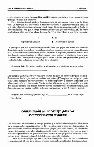 castigoalgunasveces se llama castigo positivo, porque la conducta tiene comoresultado
que algo se sum6 a la siniaciún.
En cl segundo tipo de castigo, la consecuencia es que algo se remueve de la situa-
ci6n. Unperroque está masticando el zapato de su dueiro lo deja cuando este le llama. Si
se le quitael zapato entonces,el perro estará menos dispuesto a acudircuandosu diiefiole
!lame la siguiente vcz que lo tenga. En esta forma de castigo. una conducta(R) da como
resultadoque algo sea removído de la situación (Ec)y esto reduce la tasa de la conducta.
responderaI llamado se le quita ef juguete
La gente pasa por este tipo de castigo cuando time que pagar una multa por conducir
demasiadorapida 0 tuando es regafiada ea eLtrabajopordañaralguna mercancía.En cada
caso,el resultadode su conducta es pérdidadedinero.Lospadres y maestrosutilizaneste
tipo de castigo cuando retiran privilegios como comer postre, ver teIevisiiDn,jugar o usar
la computadora. Este tipo de castigo algunasveces se llama castigo negativo porque el-
resultado de la conductaes sustraer algo de 1s sintaci6n.
Pregunta 6-1: El castigo positivo y el negativo son similares en que ambos
Los téminos ca~tigopositivo y negativo son tan dificiles de comprender para los estu-
diantes como los de reforzamienfoposirivo y negativo, ¿C6mo puede un castigo ser posi-
tivo? Como en el casodel refonarniento,los dminoa positivoy negativo se refierensólo
a !anaturalezadc la consecuencia.Si ésta implica adici6n de algo rt la situaci6nse consi-
dera castigo positivo y si incluye remover algo se hace referencia a castigo negativo. Las
dos variaciones de castigo también se llaman castigo tipo 1 y tipa 2, respectivamente.
Pregunta6-2: Enel castigo positivo,algo se ;en elcastigonega-
tivo,aigo se
Compc1ruci6nentre castigoposptirro
y reforramiento negativo
Con frecuencia se confundenel castigopositivoy el refomiento negativo. Esto es en
parte porque ambos procedimientospor locomúnimplican eventos que la mayoría de la
gente considera aversivos: choques elkctricos, golpes, pellizcos, críticas, etc. Pero exis-
ten dos diferencias esenciales: el refonamiento negativo implica la remoción de algo y
aumenta la probabilidadde que una conducta ocurra:el castigopositivo involucra laadi-
ciDn de algo y disminuye la probabilidad de que ocurra la conducta.
Considéreseun ejemplo tipico de reforzamientonegativo: uda rataesrA en una iba-
ra experimental. El piso de la cámaraproporciona un choque electrice de intensidad rne-
 