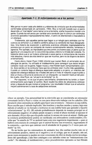 178 m Amndizqiey Conducta K a p l ~ i o7)
MASperros mueren cadaaño debido a problemas de conducta que de enfermedades
combinadas (presentado en Jankowskl, 19941.Muy a menudo sucede que un perro
desarrolla un "mal hábito" como ladrar consimtemente, arairar la puertao morder a la
gente. Cuando los esfuerzos por cambiar esta conducta (por lo comUn con estimulos
aversivoc aplicados inapropiadamente)fallan, al perro es abandonado a trasladado a
un albergue.
Tristemente, aUn aquellos perros que llegan a un refugio para animales con be-
cuencia se enfrentan a un destlno sornbrlo porque su conducta los hace desagrada-
bles. Una historia de exposicibn a sstímuios averslvos utilizados inapropiadamente
provoca que un perro se comporte de manera excesivamente retrafda, temerosa o
agresiva. Por ejemplo, es improbable que encuentre una buena casa un perroque se
agacha en una esquina con la cola entre las patas y desvia la mirada del visitante, Es
bastante obvio que si se hubiera entrenado a esos perros a comportarse de manera
más atractiva, menosde elEos tendrían que ser muertos, pero no se dispone de dicho
entrenamiento.
Hasta ahora; Karen kyor (1996)infamd que Lauren Beck, el entrenador de m 1albergue de perros, ha utilizada el moldeamiento para conseguir que Bstos tengan o
contacto visual con la gente, hagan trucos y manifiesten buen comportamiento cani- ;
no. Este cambio en la conducta hace que los animales sean mucho mas agradables. j
Cuando un visitante llega al albergue esperando adoptar a un perro, un miembro del
equipo del albergue destaca lasvifludes del perro e Invitaal visitante a que le pida a i
éste un truco y retuerza laconducta con un chasquido. La reaccibnhabitual del posi-
ble dueño, dice Pryor, es 'jet perro es brillante!" (p. 2). 1
Por supuesto, no es que el perm sea brillante; simplemente ha tenido un buen 3
enhenamientb para lograr el cambio. Beck recab6 los datos de adopciones exitosas $
antes y despues da que iniciara el programa. Los resultadosIndican que el esfuerzo
rnejorii sobremanera la tasa de adopciones exitosas. 3
g
ofrece un ejemplo. Una personalidad de la televisión que se consideraba un entrenador
consumado invitb a Pryor a visitar su casa para observarlo trabajar con los caballos.Ella
presenció cbmo entrenaba un caballo para haceruna reverencia-hincarse en unarodilla.
Pryor escribeque e! método implicaba "dos hombres y muchascuerdasy azotes; bajo este
método el cabnIlo se vio forzado a inclinarse en una rodilla hasta que aprendió a hacerlo
voluntariamente" (p. 62). (El mbtodo probablemente depende de manera principal en el
reforzamientonegativo: el caballopuede escapar y evitar el abuso recibido al ejecutarel
acto deseado.) Pryor dijo que ella podíarealizar 10 mismo sin tmar al animal. (Sabíaque
la condircta probablemente podria ser moldeada con refor-adorescondicionados.) Es-
cribe que "laestrellade TV se molest6 tanto ante esta sugerenciaimpertinente-pues si
hubiera otra manerade conseguir que el animal hiciera unareverencia, seguramente &1
la conocerla- que tuvo que caminar con el alrededor de ta granja 2 o 3 veces para cal-
marlo" (p. 63).
Es un hecho que los entrenadores de a n i d e s hoy día confían mucho más en el
reforzamientoposiiivo, menos en e1 negativo y en el castigo, que en el pasado; aún as$,
pocas vecesreconocen(y pueden no estar conscientesde eIlo) su deuda con los investiga-
dores del aprendizajey m8s bien catalogan a sus métodos como un "entrenamientocon
cariño",No obstante, el moldeamiento y otros procedimientos operantes se han filtrado
 