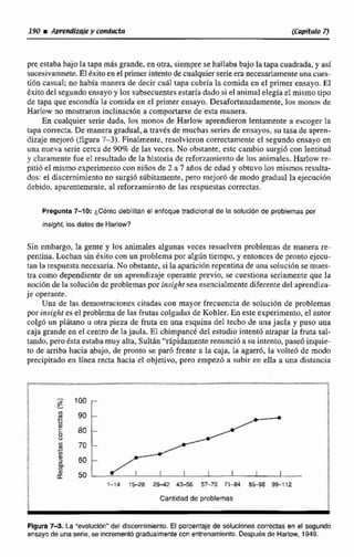pre estaba bajo la tapa mis grande,en otra, siemprese hatlababajo la tapa cuadrada, y así
sucesivamnete. El 6xitoen el primerintento decualquier serieera necesariamenteuna cues-
tión casual; no había manera de decir cn6F tapa cubrid la comida en el primer ensayo. El
&Stodel segundoensayo y los subsecuentesestaria dado si el animal elegía el mismo tipo
de tapa que escondía la comida en el primer ensayo, Desafortunadamente,los monos de
HarIow no mostraronincliaacibn a comportarse de esta manera.
En cualquier serie dada, los monos de Harlow aprendieron lentamente a Escoger la
tapa corracta. Demanera gradual,straves de muchas series de ensayos, su tasa de a p n -
dizaje mejoró (figura 7-3). Finnlmentc, resolvieron correctamente el segundoensayo en
una nueva serie cerca de 90% de las veces. NOubstante, este cambio surgiócon lentitud
y claramente h e el resultado de la historia de reforzamientode los animales. Harlow re-
pitió e1 mismo experimento con niñas de 2 a 7 afios de edad y obtuvolos mismosresulta-
dos:el discernimiento no surgió sdbitamente, pero mejor6 de modo gradual la ejecución
debido. aparentemente, al reforzamiento de las respuestas correctas.
Pregunta 7-10: ¿C6mo debilitan el enfoque tmdiclonalde la soludbn de problemaspor
insight,los datos de Harlow?
Sin embargo, la gente y los animales algunas veces resuelven problema. de manera re-
pentina. Luchan sin éxito con un problemapor algúntiempo, y entonces de pronto ejecu-
tan la rcspucstanecesaria.No obstante.si la aparición repentina de una soluci6n se mues-
tra como dependiente de un aprendizaje operante previo, se cuestiona seriamente que la
nucih de la soluci6ndeproblemaspor insighr sea esencialmentediferentedel aprendiza-
je operante.
Una de las demostraciones citadas con mayor frecuencia de soluci6n de problemas
por insighr es el problemade las h t a s colgadasde Kohler. En este experimento,el autor
colgó un pldtano u otra pieza de fruta en una esquina del techo dc una jaula y puso una
caja grande en el centro de lajaula. El chimpancé del estudia intentd atrapar la fruta sal-
tando. perotsta estaba muy alta, Sultan "rápidamenterenunci6 a su intento, paseó inquie-
to de arriba hacia abajo, de pronto se paró frente a la caja, la agarró, la volted de modo
precipitado en lfnea secta hacia el objetivo, pero empez6 a subir en ella a una distancia
1-14 15-28 29-42 43-56 57-70 71-84 8 5 9 8 9Sll2
Cantidad de problemas a:
Figura 7-3. La "evoluaón"del dismirniemb. El porcenZajede soluciones correctas en el segundo
ensayo de una serie,seincremmió gradualmentecon entrenamiento. Después de Harlow, 1949.
 