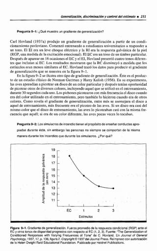 GeneraIImi#n, dIsaiaimI~~Ófiy~cnmvldel estfmwlo i251
Plcgunta 9-1: &Quémuestra un gradientede generalización?
Carl Hovland (1937a) produjo un gradiente de generalización a partir de un condi-
cionamiento pavloviano. Comenz6 entrenando a estudiantes universitariosa responder a
un tono. El E1 era un leve choque eltctrico y la RI era la respuesta galvánica de la piel
(RGP, una medidade Ia excitación emocional).El EC eraun tono ae un timbre particular.
Después de aparearen 16wasiones el EC y el EI, Hovland present6 cuam tonos diferen-
tes que incluian al EC. Los resultados mostraron quc la RC disminuy6 a mcdida que los
estímulos eran menos similaresal EC. Hovland traz6 los datas para producir el gradiente
de gcneralizacidn que se muestra en la figura 9-1.
En Ia figura 9-2 se ilustraotro tipo de gradiente de generalización.&te ea el produc-
to de un estudio clásico de Norman Guttman y Harry Kalish (1956). En su experimento,
las aves aprendlan a picotear un discode un color particular y despuks tenían oportiinidad
de picotear otrosde diversos colores,incluyendoaquelque se utilizó wi el entrcnamíento,
durante30 segundos cadauno.Los pichonespicotearon con másfrecuenciael discocuando
era del calor utilizado en el entrenamiento, pero tambitn lo hicieron cuando era de otros
colores, Corno rcvela el gradiente de generalizacidn, entre mhs se asemejara el disco a
aquel de enhcnamiento, más frecuente era el picoteo de las aves. Si un disco era casi de!
mismo color que el disco de entrenamiento, las aves lo picoteaban casi con la misma fre-
cuencia que aqudl;si era de un E O ~ O ~difercntt, las aves pocas veccs lo tmabiin.
Prqunts8-2: tos simulacrosde incendiotlenenelpropiisitodeensefiarconductasapm-
piadas durante este, sin embargo las personas no siempre se &rnportan de la misma
maneradurante los incendiosque durente Tos simulacros. ¿Por que?
Estímulos
Figura 9-1. Gradlentede generalizaeibn. Fuerzapromedio de la respuesta condicional (RGP) anteel
ECy otros tonosdedisparidadprogresivacon respectoal EC f l . 2,3).Fumte:"TheGeneralizationol
Conditioned Responses with Varying Frecuentes of Tone" de C. Hovland. En Joumal of Gened
Psychology,t 937,17,p. 136,figura2. Copyright01937delJournalPress. Reimpreso conautoriraCOn
de la Helen Dwight Reid EducalionalFoundation. Publicadopor Heldref Pubficatinns.
 