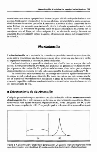 mentadorescomenzaran a proporcionar breves choques eléctricosdespuésde ciertas e s -
puestas. Continuaron reforzando el picoteb en el disco. pero también lo castigaron ciian-
do el disco era de un color particular. b tendencia a picotear el disco cuando era de ese
coIor declinó, por supuesto. pero también lo hizo la tendencia a picotearlo cuando tenía
otros colores. La frecuencia del picoteo va156 de manera sistemática de acuerdo con la
semejanza enae el disco y el color castigado, Así, los efectos del castigo formaron un
gradiente de generalización similar a aquellos observadosen el caso del refonamiento y
la extinción,
La diwriminaci6nes Ia tendencia de la conducta aprendida a ocurrir en una situación,
como ante la presencia de una luz roja. pero no en otras. como ante una luz ml e verde.
El organismo diferencia, o discrimina. entre situaciones.
La discrirninacidny la generalizacióntienen una relaci6n inversa: a mayordiscrimi-
nacibn. menor genertilizacih. Por tanto, 3w gradientes de generalizaci6n también refls
jan el grado de discriminación.Un gradiente relativamente plano indica poca o ninguna
discriminación; un gradiente elevado indica considerablediscriminaci6n(figura 9-4).
Ya se conside6antes que entre rnhs seasemeje un estimuloa que1 de entrenamien-
to, mayor ser4 el gradode generalizaci6n.Por tanto, es evidente que entre menos similar
sea un estímuloal de entrenamiento, mayor seráel grado de discriminacih. No obstante,
a menudo es posible establecer una discriminaciónentre estímulos muy similares a travCs
del entrenamiento de &a.
Cualquier procedimiento para esrablecer una discriminación se llama entrenamientode
dkwiminación. En el entrenamientopavloviano de discriminacihn, un estimulo [desig-
nado con EC+)se aparea de manera regular con un EX, y otro (designado con EC-) apa-
rece de manera regular sin el EI. Por ejemplo, podría colocarse alimento en el hocico de
Fiura H.Disctiminació~y gradlentede generallracion.Ungradimte relativamenteplano (a)Indca
poca discriminacibn:uno másoblicuo (b)senalacmsidecable discriminación. (Datos hipot-1
 