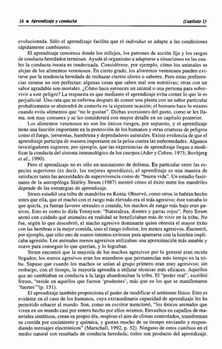 evolucionada. S610 el aprendizaje facilita que el individuo se adapte a las condiciones
rdpidamen'tecambiantes.
El aprendimje comienza donde los reflejos, los patrones de acci6n fija y los rasgos
deconductaheredados terminan. Ayuda al organismoa adaptarsea situaciones en las cua-
les la conducta innata es inadecuada. ConsidErese, por ejemplo, cómo los animales se
alejan de los alimentos venenosos. En cierto grado, los alimentos venenosos pueden evi-
tarse por Ia tendencia heredada de rechazar ciertos olores o sabores. Pero estas preferen-
cias innatas no son perfectas: aigunas cosas que saben mal son nutritivas; otrac con un
sabor agradable son mortales.iC6m0 hace entonces un animal o una personapara sobre-
vivir a este peligro? La respuesta es que mediante el aprendizajeevitacomerToque le ea
perjudicial. Una rata que se enferma desputs de comer una pIantacon unsabor particular
probablementese abstendráde comerla en la siguienteocasión;el humano hace lo mismo
cuando evita alimentos que "no le gustan". Dichas aversionesdel gusto, como se les Ila-
m,son muy comunes y se les considerar8 con mayor detalleen un capitulo posterior.
Los alimentos venenosos no son los dnicos riesgos, por supuesto, y el aprendizaje
tiene una funci6n importante en la proteccihnde loshumanos y otras criaturas de peligros
como el fuego, tormentas, harnbmnay depredadosesnaturales. Existe evidenciade que el
aprendizaje participa de manera importante en la pelea contra las enfermedades.Algunos
investigadores sugieren, por ejemplo,que las experiencias de aprendizaje llegan a modi-
ficar la conducta del sistema inmunológico de los cuerpos (Ader y Cohen, 1975;Bovbjerg
cr al,, 1990).
Pero el aprendizaje no efi ~610un mecanismo de defensa. En pdcutar entrc las es-
pecies superiores (es decir. los mejores aprendices). el aprendizaje es una manera de
satisfacertanto las necesidades de supervivencia como de "buena vida". Un estudiofawei-
nante de la trntropóloga Shirlay Strum (1987) mostró c6mo cl 6xito entre Ios mandriles
depende de las estrategias de aprendizaje.
Strum estudi6 una uibude rnandrifcsen Kenia. Observ6, como otros lo habíanhecho
antes que ella,que el macho conel rangom$s elevado era el mfw:agresivo;éste tomaba Ie
que queria. ya fueran favores cexuaIes o comida; los machos de rango más bajo eran pa-
sivos. Esto ES como lo d i a Tennyson: "Naturaleza, dientes y garras rojos". Pero Strum
anotó con cuidado que animales en realidad se beneficiaban rnh de vivir ea la tribu. No
fue, seen lo que descubrió, el macho agresivo dominante quien obtenfa eI mayor éxito
con las hembraso la mejor comida, sino el ranga inferior, losmenos agresivos, Encontró,
por ejemplo,que c610 uno de cuatro intentos exitosos para aparearse con la hembra impli-
caba agresidn. Los animales menos agresivos utilizabanuna aproximacidn m8s amable y
suave para conseguir lo que querían, y lo lograban.
Strum encontró que la mayotía de los machos agresivos por lo general eran recién
llegados; los menos agresivoseran los miembros que permanecían más tiempo en la tri-
bu. Supuso que cuando los machos se unían al grupo primero eran muy agresivos; sin
embargo, con el tiempo, la mayorla aprendía a utilizar tbcniciis más eficaces. Aquellos
que no cambiaban su conducta a la Iatga abandonaban la tribu. E1 '"poder real", escribid
Strilm. "reside en aque1Ios que fueron 'prudentes', más que en los que se manifestaron
'fueaes"'(p. 151).
El aprendizajetambién proporcionael poderde modificare1 ambiente físico.Esto es
evidente en el caso de los humanos, cuya extraordinaria capacidad da aprendizaje les ha
permitido rehacer al mundo. Son, como un escritor menciond, "los dnicos animales que
viven en un mundo casi por entero hecho porellos mismos. Envueltos en capullosde ma-
terialessintEticos,creansu propiodia, respiran el aire de climas controlados, transfman
su comida por cocimiento y química, y gastan mucho de su tiemp enviando y respon-
diendo mensajes electr6micos" (Marschall, 1992,p. 52). Ninguno de estos cambios en el
medio natural son resultado de conducta heredada; todos son producto del aprendizaje.
 