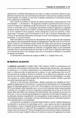 Programas de reforxamiertlo i295
rhpidamcnte un teléfono descompuesto, por tanto, se reduce la rnoIestia.) Entonces com-
piten dos respuestasuna con otradurante la extincibn:la depresionarla palanca (reforza-
da previamente cun comida) y la de evitar la palanca (reforzadaen cl momento preHente
por la reducción de frustraci6n),
Pero cuando la conducta st rcfuerza de manera intermitente, existen periodos de no
reforzamiento -y fmsvacibn-. El organismo contjnlia respondiendo durante estos pc-
Rodos de frustraciún y finalmente recibe rcforramiento.Así, respondermientrashayfrus-
trecihz es reforzado; esto es, el programa intermitente enseña al organismo a responder
cuandose frustra. Puesto de otra manera,el estado emocional llamado fmstmci6n llcga a
scr un EU(capitulo 9) de la respuesta. Ahora cuando esta se pone en extinci6n, el orga-
nismo llega a frustrarse, pero la frustración es un EUde la respuesta. Re~pondeino se
refuerza, lo queproducefrustración,misma que es un EUde la respuesta, lo cual produce
frustmción,y así sucesivamente.
Entre másdébil sea el programa de reforzamiento (cl qiie requiera de mis respuestas
par&obtenercadareforzamiento)duranteel entrenamiento, m8s alto sera el nivel de frus-
tración cuando Ia rata finalmente reciba comida. Por tanto, para una rata en un programa
débil, cl nivel elevado de frustración llega a ser una señal para presionar la palanca. De-
bido a la continua respuesta durante la extinción, el organismo llega a estar sumamente
frustrado, Pero ya que la fmstraci6n de nivel alto es un E" para la respuesta (cntre mayor
sea la fr~istraci6nquc la rata consigue, más cerca se encuentrael alimento), la extinci6n
se obtiene con lentitud.
La frustr~icibnes una forma de explicar el BRB: E.J. Capaldiofrece otra.
La hlp6teslssecuencia1de Capaldi (1 966, 1967) atribuye el ERP a las diferenciasen la
secuencia de claves durante el entrcnarnienro.Mencionaque durante Este, cada respuesta
ts seguida por 1 o 2 eventos: reforzamiento o no reforzamiento.En el reforzamícnto con-
tinuo. sc refuerzan todas las presiones de la palanca, lo cual significa que éste es un EU
parapresionarde lapalanca. Durantcla extincibn, no se refuerzanlas respuestas, as[,estb.
ausente una ñeíial irnpomte para Ia respuesta (la presencia de reforzamicnto).La extin-
cidn prosigue de manera rápida despuils del reforzamienta continuo, debido a que falta
una señal importante para la respuesta.
Durante el reforzamiento intermitente, algunas rcspuestrts son seguidas por refor-
zamiento, algunas por no reforzamiento,Lnsecuenciadereforzamientoy m reforzmiento
llega a ser importante porque sevuelve un Ende larespuesta. Una rata cn un programa de
RF 10,por cjemplo, debe respondernueve veces sin reforzamientoantes de que responda
la dkcima vez y lo reciba.Las nueve respuestasno refonadac son un tipa de E" de la res-
puesta. Entre mas débil sea el programa. de reforzamiento, más resistentesera la rata la
extinción, ya que un incr~mentoprolongado de respuestas no reforzadasha llegado a scr
la señal para continuar respondiendo. En otras palabras, la rata responde en ausencia del
reforzamientoporque, en el pasado, una larga fila de respuestas no reforzadas hanprece-
dido confiablementeu1 reforzamienta.
La frustración y la hipotesis sccuencial tienen mucho en común,Ambas suponenque
la extinción es un proceso de aprendizaje activo, y que implica un tipo de aprendizaje
discriminativo.Amscl y Capaldi también concuerdan en.que Ios tstirnulos presentes du-
rante el entrenamientose vuelven Ende ta respuesta. La principal diferencia piircce esm
en que Amsel encuentraelEDdentro dcl organismo(Eareaccidn psicol6gica llamadah s -
tracibn),mientras que Capaldilo ubica cn el ambiente externo del organismo (la -
 