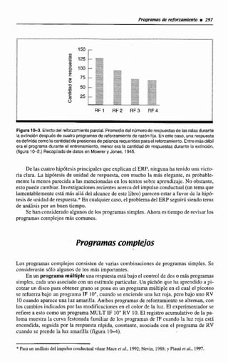 FlguraIW.Efectodel reforzamientoparcial.Promediodelnumerode respuestasdelaswtac durante
la sxllnclbn despues de cuatro programasde reforzamientode razón fila. Eneste caso, unarespuesta
esdeflnidacoma lacantidaddepresionesde palanca requeridasparaelrefonamísnto.EntremAsdébil
era e1 programa durante el entrenamiento,menor era la cantidad de respuestas durante la ealmón.
(figura 1M.)Recopilado de datos en Mowrer y Jones. 1945.
De las cuatro hipdtesis principaIesque explicanel ERP, ninguna hatenido una vicio-
ria clara. La hipotesis de unidad de ~spuesta,con mucho la mAc elegante, es probable-
mente la menos parecida a las mencionadasen los textos sobre aprendizaje. No obstante,
esto puede cambiar. Iavestlgacionesrecientesacercadcl impulsoconductual (un tema que
lamcntablementc cstg m8s al16 del alcancede este libro) parecen estar a favor dc la hipd-
tesis de unidad de respuesta.* En cualquiercaso, el problemade1ERP seguir&siendo tema
de análisispor un buen licmpo.
Se hanconsideradoalgunosde 30s programassimples.Ahoraes tiempo de revisar los
programas cornplejoli más comunes.
Los programas complejos consisten de varias combinaciones de programas dmpIes. Se
considerwAn sdIo aIgunos de los m8s importantes.
En un programa múltiple una respuesta esta bajo el controI de dos o más programas
simples, cada uno asociado con un estimulo particular. Un pichón que ha aprendido a pi-
cotear un disco para obtener grano se pone en un programa múltiple en el cual el pfcoteo
se refuerza bajo un programa IF lo", cuando se enciende una luz roja. pero bajo uno RV
10cuando aparece una luz amarilla. Ambos programas de reforzamiento se alternan,con
los cambios indicados por las modificacionesen el color de la luz. El experimentador se
refiere a esto como un programa MULT IF 10" RV 10. El registro acurnulativode la pa-
loma muestra la curva festonada familiar de lor programas de IF cuando la luz roja está
encendida, seguida por la respuesta rtipida, constante, asociada con el programa de RV
cuando se prende la luz amarilla (figura 10-4).
* Para un anilisis del impulso conductualdase Mace et al.. 1992:Nevin. 1988;y Plaud aL 19W
 