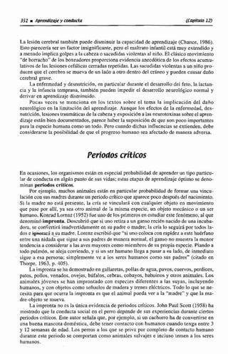 352 iApmdzde y conducta KU-10 1 4
La lesidn cerebral también puede disminuirla capacidad de aprendizaje (Chance, 1986).
Esto pareceríaser nn factor insignificante, pero el maltrato infantil est4 muy extendido y
a menudo implica golpes a la cabeza o sacudidas violentas al niño.El cl4sico movimiento
"deborracho"de los boxeadores proporcionaevidenciaanecdótica de los efectosacumu-
lativosde las lesiones cefiilicascerradas repetidas. Las sacudidas violentas a un niña pro-
ducen que el cercbrose mueva de un lado a otro dentro del crdneo y pueden causar dafio
cerebral grave.
La enfermedad y desnutrici6n, en particuIardurante el desarrollo del feto, la laca-
cia y la infancia temprana, tam'biEn pucden impedir el desarrollo neurológico normal y
derivaren aprendizaje disminuido.
Pocas veces se mcncíona en los textos sobre el tema la implicaci6n del daño
neuroI6gico cn la limítaci6n del aprendizaje. Aunque los efectos de b enfermedad, des-
nutrici6n. lesionest~aumfiticasde la cakmy exposición a las neumtoxinas sobre el apren-
dizaje esth bien documentados,parece haber la suposición de que son poco importantes
para la especie humana como un todo.Pero cuando dichas influencias se extienden,debe
considerarsela posibilidad de que e1 progreso humano sea afectado de manera adversa,
Periodos crítEcos
En ocasiones, los organismosesth en especial probabilidad de aptenderun tipoparticu-
lar de conducta en algún punto de sus vidas; estas ctapas de aprendizaje oprimo se deno-
minan periodoscríticos.
Por ejemplo. muchos animales están en particular probabilidad de formar una vincu-
laci6n consusmadres durante un periodocrítico que aparecepoco despues del nacimiento,
Si la madre no está presente, la cn'a se vinculara con cualquier objeto en movimiento
que pase pos allí, ya sea otro animal de Ia misma especie, un objeto mechico o un ser
humano. Konrad brenz (1952)fue uno de lasprimerosen ~studiarestefenbmtno, al que
denominó impronta. Descubri6 quesi uno retira a un ganso reciénnacido de una incuba-
dora, se c d e n i r á inadvertidamenteen su padre o madre; Za ~n'alo seguirá por todos la-
dose &&ara a-s~madre. Lorenz escribid que "si uno coloca con rapidez a este huérfano
entreuna nidada que sigue a sus padres de maneranormal, el ganso no muestra la mcnor
tendencia a considerara las aves mayores comomiembros de su propiaespecie.Piando a
todo pulmiin, se aleja corriendo, y si un ser humano llega a pasar a su lado, de inmediato
sigue e esa persona; simplemente ve a los seres humanos como sus padres" (citado en
Thorpe. 1963,p. 405).
La improntase ha demostrado en gallaretas, pollasde agua,pavos, cuervos, perdices,
patos, pollas, venados, ovejas, búfaIos, cebras, mbayos, babuinos y otros animales. Los
animales jóvenes se han improntado con cspecies diferentes a las suyas, incluyendo
humanos, y con objetoscomo sefiuelos de madera y trenes el6ctricos.Todo lo que se ne-
ceiiita para que ocurra la impronta es que el animal pueda ver a la "madre" y que la ma-
dre-objeto se mueva.
La impronta no es la única evidencia de periodosdticos.John Paul Scott (1958) ha
mostrado que la conducta social en el perra depende de sus experiencias durante ciertos
periodos críticos. Este autor señalaque,por ejemplo,si un cachorroha de convertirse en
unabuena mascotadoméstica, debe tener contacto con humanos cuandotenga entre 3
y 12 semanas de edad. Los perros a los que se priva por completo de contacto humano
durante este ptriodo se comportan como animales salvajes e incluso temen a los seres
humanos.
 