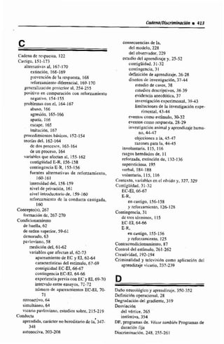 Cadcna dc rcspucsta. 122
castigo, 151-173
altcrnaiivn<al, 167-170
exiinciun, 168-169
prcveación dc lu respiicsia ldR
reforzamitnto diferencial, 169-170
pcncrrilizacihnposrcrioral. 253-255
puritivo en comparaci6n con reforzriinient~
ncgntivn. 154- 1 S5
probleiniiscon el, 164-167
abuso, 166
osresih. 165-166
apaoá. 166
cscapc, 165
imitacibn, 167
pPncedimicnioc basicm. 152-154
teorías del. 162-164
dc dos prnccsns, 163-164
de un proceso. 164,
variahla quc afcctan al, 155- 162
contigilidad E-R, 156-158
contingencia E-R, 1 55-156
fuentes alrernttiuas de reforzamientu,
160-161
intensidad del. 158-159
nivel de privicih-t, 161
nivel introductoríride. 1.59-160
refor~nmicntodc In conducta castigada.
160
Concepto(r),S67
fomoción dc, 267-270
Condicionamiento
de huella. 62
de orden superiorOT59-6 1
demorado, 63
pavlnviano, 58
medicióndel 61-62
voriables que afectan al. fi2-73
aparerirnienuide EC y a62-64
característicasdel cstlmulo, 67-69
mnligdidad EC-El. 66-67
contingenciaEC-El,64-66
experiencia previa con ECy EI, 69-70
inre:valu entre ensiiyos, 71-72
número de apareamicntorr EC-El. 7@
71
retroactivo, 64
simuliineu. 64
vicario pavlovisno, estudios sobre, 2 15-219
Conducta
aprendida,carácler no hcrcditmiodc k347-
348
automiva, 203-208
consecuenciasae la,
del modclo, 228
del obsenriidor,229
estuditi del apmdiizi~ey.25-52
contigtlidad, 31-32
contingencia, 3 1
definici6n de aprendizaje. 26-28
diseños de investigación, 37-44
estudio de casos. 38
csludios dcscripiivos, 38-39
evidencia iinecdática, 37
invcstigacilfn cxpcrfmcntal. 3943
limifriciones de la investigación expe-
rimcnial, 43-44
eventus como estimulo. 30-32
eventos como respuesta, 28-29
investigaclún animal y aprcndirajchuma-
no. 44-47
objaioncs a la, 45-47
razones para la, 4445
involuntario, 1 15, 116
rasgos heredados de, li
rcfrirrad~cxtincidn de, 132-136
supersticiosa. 195
verbol, 184.188
rciluntaria, 115, 116
Cnntcxto,variahlcs cn ci olvida y. 327,329
Contigüidad, 31-32
EC-EI, 66-67
E-R*
mcastigo, 156-158
y rcfor~amicnto,126- 128
Contingencia, 31
dc ucs tbrrninnq, 1lS
EC-EI, 64-56
E-R,
en castigo, 155-156
y refovamienta, 125
Contracondiciananiienio, 87
Control del estlmulu, 261-262
Creatividad, 192-194
Criminalidnd y telcvisih como aplicaci6n dcI
aprendizaje vidario, 237-239
Daño neumlbgicay aprcndizoje, 350-352
Dcfinicifin operacional. 28
DegraduciiJn del gradiente. 319
Desviacih
del vhice, 265
instintiva,354
DF.programas de. Vgu~etambidi Propamasde
duracih fija
Biucriminacih. 243,255-261
 
