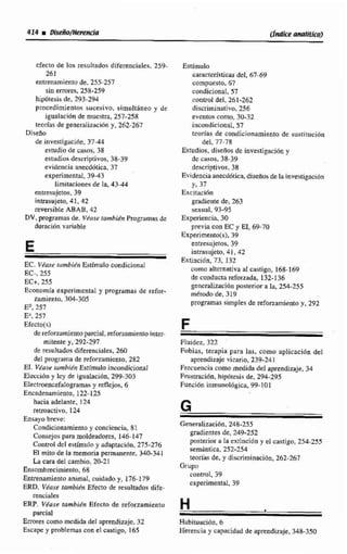 414 u Diseño- ddice analftlm?
efecto de los resultados diferznciíiIes, 259-
261
entrenamientode. 255-257
sin errores, 258-259
hipótesisde, 293-294
pmcedimientos sucesivo, simultáneo y de
igualacihn de muestra,257-258
teorfas de genecalízacióny, 262-267
Diseño
de investiguci6n, 3 7 4
estudio de casos, 38
estudius descriptivos, 38-39
evidcncia anecdiitica, 37
experimental, 39-43
Limitaciones de la, 43-44
entrcsujetos. 39
intrasujeto,41,42
reversible ABAB, 42
DV,programas de. li'da.~efarñbiénProgramas dc
duración variable
EC.VPuse rtimbi6n Estimulo condicional
EC-, 255
EC+, 255
Economfa experimentaly programas de refor-
zamiento, 304-305
En,257
EA,237
Efccto(5)
dereforzamientaparciul, reforzamientointer-
mitente y, 292-293
de resultados diferenciales, 260
del programa de reforznmiento, 282
EI. V . s e stlrnbién EstirnuIoincondicional
Elecciún y lcy de igualación, 299-303
Electroencefatilogramaw y reflejos, 6
Encadenumicnto, 122-125
hacia adelante. 124
retmuctivo,124
&&yo brev~:
Condicionamiento y conciencia,81
Consejos para moIdeadores, 146- 147
Control &I esdmulo y daptaciún, 275-276
El mito de la m e h a permanente, 340-341
Lsi cara del cambio, 20-21
Ensombrecímientn,68
Entrenamiento animal, cuidadoy, 176179
ERD. Vc'ase turnbih Efecto de resultados dife-
renciales
ERP. V h s e tambidn Efecto de reforzamiento
m a l
E m s como mcdida del aprendizaje,32
Escape y pmblemascon el castigo, 165
Estimulo
ca~actcrfsticasdel, 67-69
compuesto, 67
condicional, 57
controi del, 261-262
discriminaiivo,256
eventm como, 30-32
incondicional,57
teorías de condicionamiento de sustitucidn
del, 77-78
Estudios, diocilosde investigación y
de calos, 58-39
descriptivos, 38
Evidenciaonecdótica, diseños dela investigaci6n
y, 37
Excitacihn
gradientede,2 8
sexual. 93-95
Experiencia. 30
previa con EC y El,69.70
Experimento(s), 39
entresujetos, 39
intrasujeto,41,42
Extinción, 73, 132
como alternativa al castigo, 168-169
de conducta reforzada, 132-136
gencralizaci6npusterior a la, 254-255
metodo de, 319
programas simplesde refonarnisnto y, 292
Fluidez, 322
Fnbins, terapia para Ius, como aplicacíon de1
aprendizaje vicario, 239-24I
Fwcnenciacomomcdida del aprendizaje, 34
Fmstración, hipjtcsis de, 294-295
Funcíún inmunol6gica,99-101
Generalizdcibn, 248-255
gndientes de, 249-252
posterior a Ia extincihn y el castigo, 254-255
seminiica. 252-254
reorias de. y discriminacibn, 262.267
Grupv
control,39
cxperimentd, 39
Slabitwacion, 6
Herencia y capacidad de aprendizaje, 348-350
 