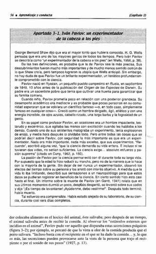 George Eernard Shaw dijo que era el mayor tanto que hubiera conocido. H. G, Wells
pensaba que ara uno de bs mayores genios de todos los tiempos. Pero lvhn Pavlov í
se describíacomo "unexperimentador de la cabeza a los pies"(en Wells, 1956, p. 38).
De las tres definiciones, es probable que la de Pavlov sea la mds precisa. Sus
descubrimientosfueron mucho mhs Importantesy de mucho menos sentida mmún de
lo que Chaw cteia, pero tampoco lograron la utopía que Wells anticipó. Sin embargo,
no hay duda de que Pavtov fue un brilfante experimentador, un fanáticoprofundamen-
te comprometido con la ciencia.
jB
Pavlcv nació en Ryaran, un pequeiio pueblocampesinoen Rucia, en septiembre
de 1849, 10 años antes de la publicación del Origen de las Especies de Darwin. Su 4
padre era un sacerdote pobre que tenía que cultivar una huerta para garantizarque
su familia comiera.
Cuando niíio, Paviov prometia poco en relaclbn cor: una posterior grandeza. Su
desernperio académico era mediocre y 8s probable que pocas personas en su comu- &
nidadesperaran que se volviera uncientífico famoso -o,en todo caso, simplemente 1
famoso en cualquier Cosa-- Cree16 como un hombre delgado, Agil, atlhtico y con una ;
snergía increible, de ojos azuies, cabello rizado, una larga barba y la fogosidad de un 1
genio.
En su papelcomo profesor Pavlov, en ocasiones ara un hombre impaciente, fes- !
tanido y excéntrico, que agitaba las manos con excitaclbn cuando les hablaba a los f
demás. Cuando uno de sus asistenres malograba un experimento, tenía explosiones [
de enojo, y media hora después lo olvidaba todo. Pero entre todas las cosas que se 5
podrían decir sobre Padov, con seguridad la mas importante es que era un experi- i
mentador. Nada era mas importante, nada mds exmlso, que sus experimentos, "Re-
cuerde", eseribró alguna vez, "que la ciencia demanda su vida entera. E incluso si se ;
tuvieran dos vidas, no serían suficientes. La ciencla exige... absoluto esfueno y pa-
sión suprema" (citado en Cuny, 1962, p. 160).
La pasión de Pavlov por la ciencia perrnaneelb can el durante toda su larga vida.
Por supuesto que la edad lo hizo reducir su marcha, pero no de la manera que lo hace
con la mayoría de la gente. Sin dejar de ser nunca un experimentador, cbsenró los
efectosdel tiempo sobre su persona y los anot6 con ínterhc objetivo. A medidaque Fa
vida la iba limitando, describió sus sensaciones a un neuropatólogo para que estos
datos se pudieran registrar en beneficio de la ciencia. En clerto sentido hizo esto casi
hasta el final. Un rnforme sobre Fa muerte de Pavlov (en Gantt, 1941) relata que en
sus últimos momentosdurmióun poco, des@Bs desperta,se levantó sobre sus codos
y dijo "1Estiempo de Levantarse!iAyúdenme, debo vestinnel". Despuéstodo termrno;
había muerto.
Tal esfuerzoera comprensible. Había estado alejado de su laboratorio, de su cien-
cia, duranie casi seis días completos.
dar colocaba alimento en el hocico del animal. éste salivaba;pero despuésde un tiempo,
el animal salivaha antes de recibir la comida. Al observar los "estímulos externos que
incidianen slanimal", Pavlov pudo ver aquelloque disparaba estas secrecíones psíquicas
(figura 3-2); por ejemplo, se percatóde que la vista u olorde la comida producia que el
perrosaliviicli. "Incluso basta con el recipiente en el que se ha dado Fa comida.. .y, lo que
es más, las secreciones pueden provocarse ante la vista de la persona que trajo el reci-
piente o por el sonido de sus pasos" (1927, p. 13).
 