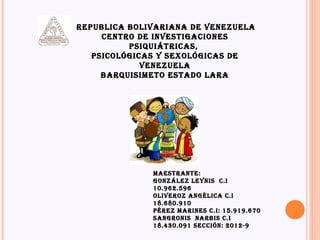 Republica bolivaRiana de venezuela
centRo de investigaciones
psiquiátRicas,
psicológicas y sexológicas de
venezuela
baRquisimeto estado laRa
apRendizaje
 
maestRante:
gonzález leynis c.i
10.962.596
oliveRoz angélica c.i
18.680.910
péRez maRines c.i: 15.919.670
sangRonis naRbis c.i
18.430.091 sección: 2012-9
 