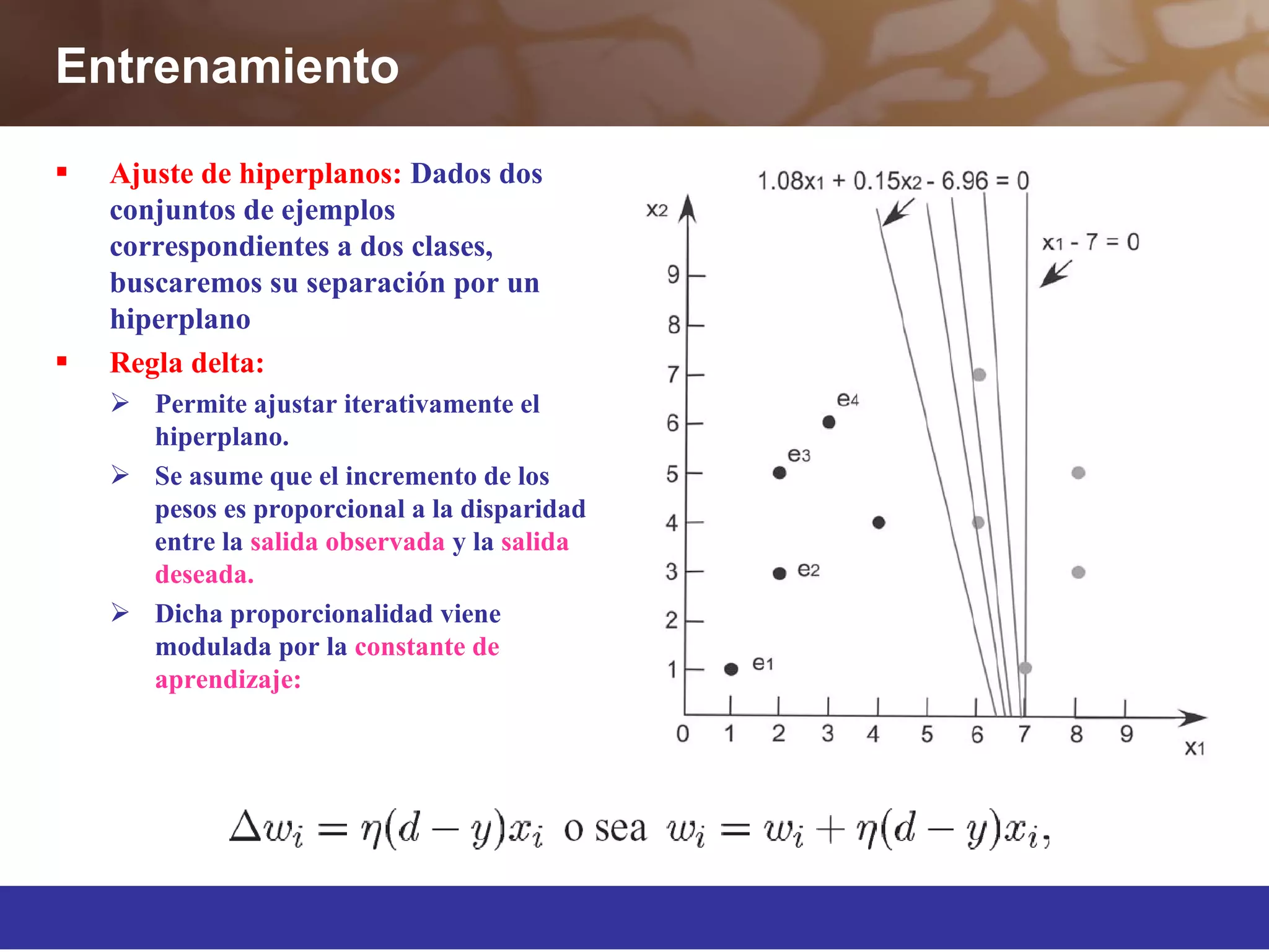 Entrenamiento
 Ajuste de hiperplanos: Dados dos
conjuntos de ejemplos
correspondientes a dos clases,
buscaremos su separación por un
hiperplano
 Regla delta:
 Permite ajustar iterativamente el
hiperplano.
 Se asume que el incremento de los
pesos es proporcional a la disparidad
entre la salida observada y la salida
deseada.
 Dicha proporcionalidad viene
modulada por la constante de
aprendizaje:
 