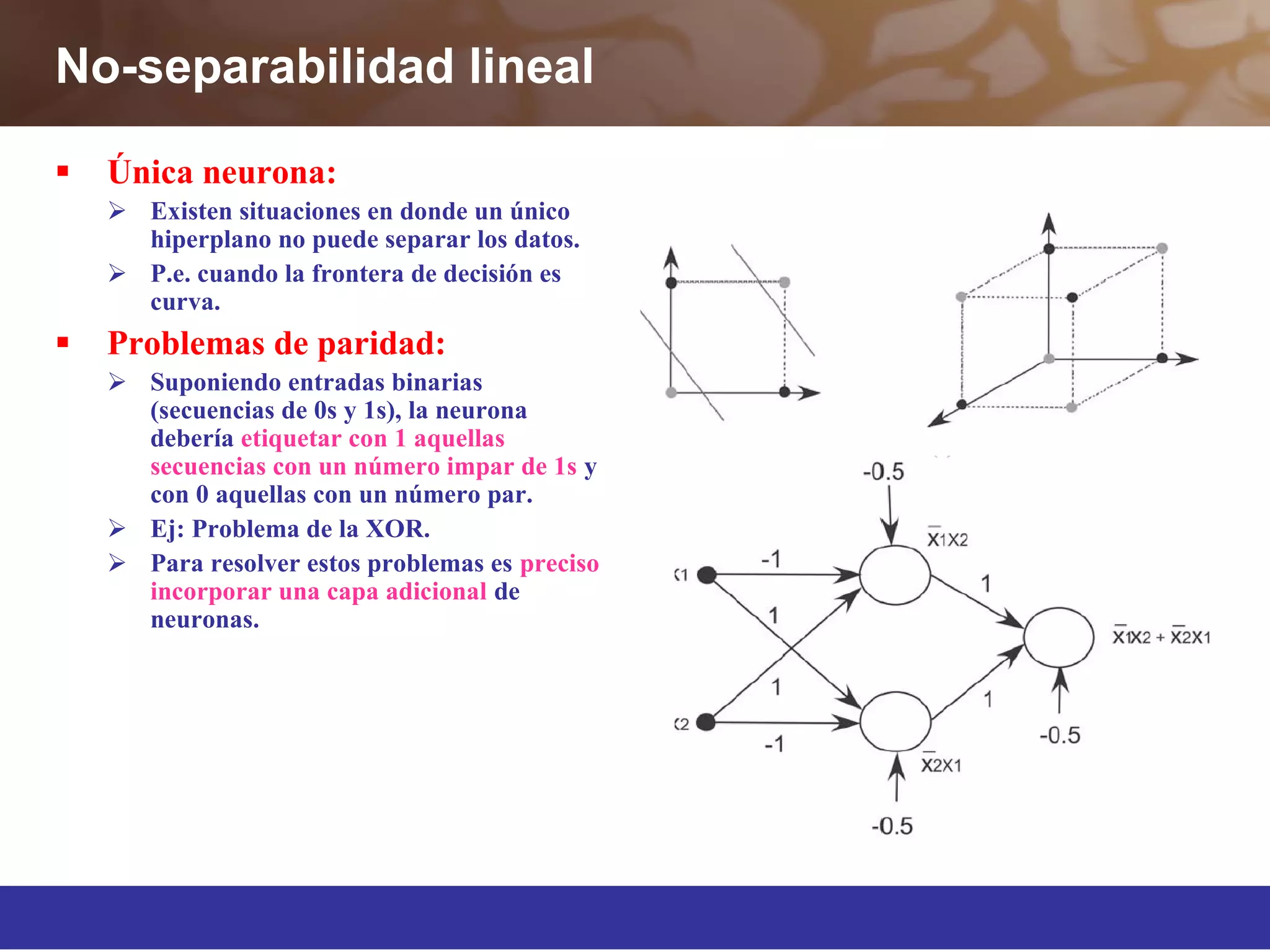 No-separabilidad lineal
 Única neurona:
 Existen situaciones en donde un único
hiperplano no puede separar los datos.
 P.e. cuando la frontera de decisión es
curva.
 Problemas de paridad:
 Suponiendo entradas binarias
(secuencias de 0s y 1s), la neurona
debería etiquetar con 1 aquellas
secuencias con un número impar de 1s y
con 0 aquellas con un número par.
 Ej: Problema de la XOR.
 Para resolver estos problemas es preciso
incorporar una capa adicional de
neuronas.
 