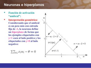 Neuronas e hiperplanos
 Función de activación
“umbral”:
 Interpretación geométrica:
Considerando que el umbral
es un peso más con entrada
fija de -1, la neurona define
un hiperplano de forma que
los ejemplos etiquetados con
y=1 caen al lado positivo y los
etiquetados con y=0 al lado
negativo:
 