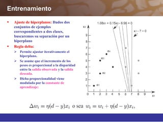 Entrenamiento
 Ajuste de hiperplanos: Dados dos
conjuntos de ejemplos
correspondientes a dos clases,
buscaremos su separación por un
hiperplano
 Regla delta:
 Permite ajustar iterativamente el
hiperplano.
 Se asume que el incremento de los
pesos es proporcional a la disparidad
entre la salida observada y la salida
deseada.
 Dicha proporcionalidad viene
modulada por la constante de
aprendizaje:
 
