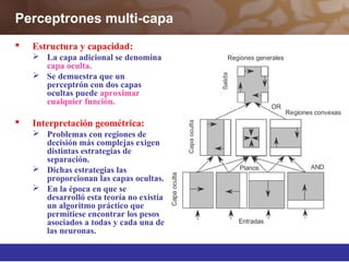 Perceptrones multi-capa
 Estructura y capacidad:
 La capa adicional se denomina
capa oculta.
 Se demuestra que un
perceptrón con dos capas
ocultas puede aproximar
cualquier función.
 Interpretación geométrica:
 Problemas con regiones de
decisión más complejas exigen
distintas estrategias de
separación.
 Dichas estrategias las
proporcionan las capas ocultas.
 En la época en que se
desarrolló esta teoría no existía
un algoritmo práctico que
permitiese encontrar los pesos
asociados a todas y cada una de
las neuronas.
 