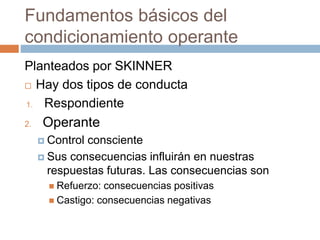 Fundamentos básicos del
condicionamiento operante
Planteados por SKINNER
 Hay dos tipos de conducta
1. Respondiente
2. Operante
 Control consciente
 Sus consecuencias influirán en nuestras
respuestas futuras. Las consecuencias son
 Refuerzo: consecuencias positivas
 Castigo: consecuencias negativas
 