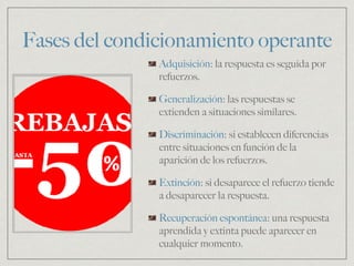 Fases del condicionamiento operante
Adquisición: la respuesta es seguida por
refuerzos.
Generalización: las respuestas se
extienden a situaciones similares.
Discriminación: si establecen diferencias
entre situaciones en función de la
aparición de los refuerzos.
Extinción: si desaparece el refuerzo tiende
a desaparecer la respuesta.
Recuperación espontánea: una respuesta
aprendida y extinta puede aparecer en
cualquier momento.
 