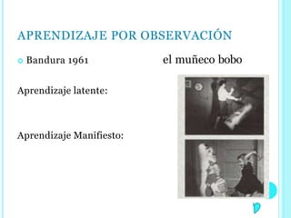 APRENDIZAJE POR OBSERVACIÓN
 Bandura 1961 el muñeco bobo
Aprendizaje latente:
Aprendizaje Manifiesto:
 