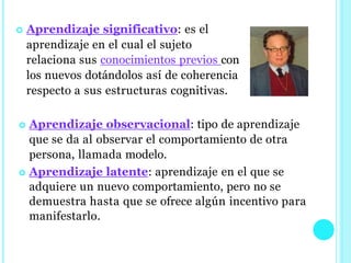  Aprendizaje significativo: es el
aprendizaje en el cual el sujeto
relaciona sus conocimientos previos con
los nuevos dotándolos así de coherencia
respecto a sus estructuras cognitivas.
 Aprendizaje observacional: tipo de aprendizaje
que se da al observar el comportamiento de otra
persona, llamada modelo.
 Aprendizaje latente: aprendizaje en el que se
adquiere un nuevo comportamiento, pero no se
demuestra hasta que se ofrece algún incentivo para
manifestarlo.
 