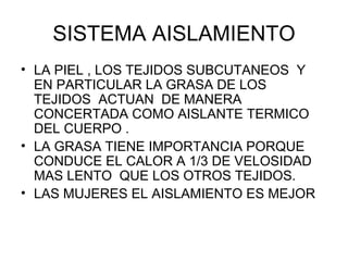 SISTEMA AISLAMIENTO LA PIEL , LOS TEJIDOS SUBCUTANEOS  Y EN PARTICULAR LA GRASA DE LOS TEJIDOS  ACTUAN  DE MANERA CONCERTADA COMO AISLANTE TERMICO DEL CUERPO . LA GRASA TIENE IMPORTANCIA PORQUE CONDUCE EL CALOR A 1/3 DE VELOSIDAD MAS LENTO  QUE LOS OTROS TEJIDOS. LAS MUJERES EL AISLAMIENTO ES MEJOR 