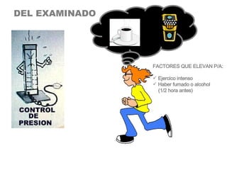 DEL EXAMINADO FACTORES QUE ELEVAN P/A: Ejercico intenso Haber fumado o alcohol (1/2 hora antes) 