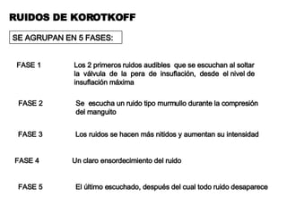 RUIDOS DE KOROTKOFF SE AGRUPAN EN 5 FASES: FASE 1 Los 2 primeros ruidos audibles  que se escuchan al soltar la  válvula  de  la  pera  de  insuflación,  desde  el nivel de  insuflación máxima FASE 2 Se  escucha un ruido tipo murmullo durante la compresión del manguito FASE 3 Los ruidos se hacen más nitidos y aumentan su intensidad FASE 4 Un claro ensordecimiento del ruido FASE 5 El último escuchado, después del cual todo ruido desaparece 
