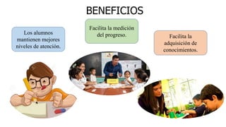 BENEFICIOS
Los alumnos
mantienen mejores
niveles de atención.
Facilita la medición
del progreso. Facilita la
adquisición de
conocimientos.
 