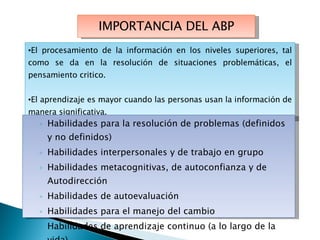 IMPORTANCIA DEL ABP El procesamiento de la información en los niveles superiores, tal como se da en la resolución de situaciones problemáticas, el pensamiento critico. El aprendizaje es mayor cuando las personas usan la información de manera significativa. Habilidades para la resolución de problemas (definidos y no definidos) Habilidades interpersonales y de trabajo en grupo Habilidades metacognitivas, de autoconfianza y de Autodirección Habilidades de autoevaluación Habilidades para el manejo del cambio Habilidades de aprendizaje continuo (a lo largo de la vida) 