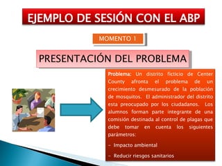 PRESENTACIÓN DEL PROBLEMA MOMENTO 1 EJEMPLO DE SESIÓN CON EL ABP Problema:  Un distrito ficticio de Center County afronta el problema de un crecimiento desmesurado de la población de mosquitos.  El administrador del distrito esta preocupado por los ciudadanos.  Los alumnos forman parte integrante de una comisión destinada al control de plagas que debe tomar en cuenta los siguientes parámetros: -  Impacto ambiental -  Reducir riesgos sanitarios Evitar que vuelva a ocurrir este fenómeno No incurrir en gastos excesivo 