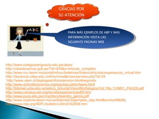 PARA MÁS EJEMPLOS DE ABP Y MAS INFORMACIÓN VISITA LAS SIGUIENTE PÁGINAS WEB http://www.colegiosanignacio.edu.pe/abps/ http://ciberdocencia.gob.pe/?id=430&a=articulo_completo http://www.ruv.itesm.mx/portal/infouv/boletines/tintero/articulos/experiencia_virtual.htm http://docencia.udea.edu.co/lms/moodle/course/view.php?id=24  http://www.utem.cl/deptogestinfo/extension.htm#segundo  http://www.actionbioscience.org/esp/education/lewis.html http://bibmed.ucla.edu.ve/edocs_bmucla/VisionMorfologica/Vol.1No.1/VM01_PAG28.pdf http://www.campus-oei.org/revista/experiencias89.htm :  http://www.pucp.edu.pe/cmp/docs/leandro_garcia.pdf http://www.sistema.itesm.mx/va/dide/red/3/ejemplos_abp.html#anchor68646 ;  http://www.mla.org/ADFL/bulletin/v34n2/342006.htm GRACIAS POR SU ATENCIÓN 