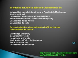 El enfoque del ABP se aplica en Latinoamérica en:  Universidad estatal de Londrina y la Facultad de Medicina de Marília en Brasil  Universidad Nacional Autónoma de México Pontificia Universidad Católica del Perú (2006) Universidad de los Andes Universidad de chile En la actualidad se viene aplicando el ABP en muchas universidades del mundo Cambridge University Columbia University Hong kong university Instituto tecnológico de Monterrey Stanford University Universidad de Barcelona http://www.pucp.edu.pe/eventos/congresos/pbl2006abp/e02_11.htm 