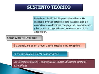 Según Glaser (1991) dice: El aprendizaje es un proceso constructivo y no receptivo La metacognición afecta el aprendizaje Los factores sociales y contextuales tienen influencia sobre el aprendizaje SUSTENTO TEÓRICO Providence, 1921) Psicólogo estadounidense. Ha realizado diversos estudios sobre la adquisición de competencia en dominios complejos del conocimiento y los procesos cognoscitivos que conducen a dicha adquisición.  