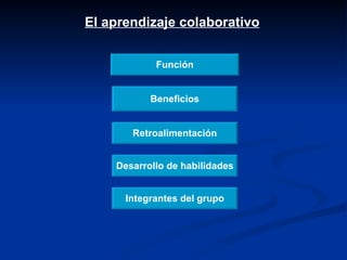 Función Beneficios Retroalimentación Desarrollo de habilidades Integrantes del grupo El aprendizaje colaborativo 