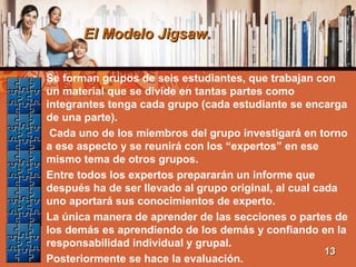 El Modelo Jigsaw.El Modelo Jigsaw.
• Se forman grupos de seis estudiantes, que trabajan con
un material que se divide en tantas partes como
integrantes tenga cada grupo (cada estudiante se encarga
de una parte).
• Cada uno de los miembros del grupo investigará en torno
a ese aspecto y se reunirá con los “expertos” en ese
mismo tema de otros grupos.
• Entre todos los expertos prepararán un informe que
después ha de ser llevado al grupo original, al cual cada
uno aportará sus conocimientos de experto.
• La única manera de aprender de las secciones o partes de
los demás es aprendiendo de los demás y confiando en la
responsabilidad individual y grupal.
• Posteriormente se hace la evaluación.
1313
 