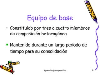 Equipo de base Constituido por tres o cuatro miembros de composición heterogénea Mantenido durante un largo período de tiempo para su consolidación 