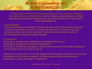 Técnica para el fomento del aprendizaje cooperativo cuyo desarrollo asemeja la construcción de un rompecabezas,  por los vínculos que se establecen al interior  del grupo producto de la conformación de una red de confianza y el conocimiento  de la interdependencia.  Modelo Cooperativo del ROMPECABEZAS Convenciones:  Grupo tipo A: formado por la totalidad de los integrantes de la clase. Grupo tipo B: formado por la división del grupo tipo A.  Grupo tipo C: reunión de especialistas, se forma por el encuentro de aquellos estudiantes que comparten tema mas no grupo tipo B. Partiendo de un grupo tipo A, se forman grupos tipo B con tantos estudiantes como número  de subtemas en los cuales el mediador  considere puede dividirse el tema general  asegurando un buen cubrimiento y complejidad.                                                                                                                                                                          En qué consiste: El material académico es dividido en tantas secciones como miembros tiene el equipo.  Y cada alumno estudia su sección en "grupos de expertos" con miembros de otros  equipos que tienen las mismas secciones. Posteriormente cada alumno aporta a  sus compañeros de equipo el trabajo realizado  