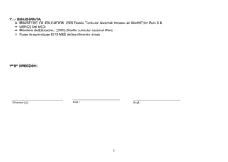 12
V…- BIBLIOGRAFIA
❖ MINISTERIO DE EDUCACIÓN. 2009 Diseño Curricular Nacional. Impreso en World Color Perú S.A.
❖ LIBROS Del MED.
❖ Ministerio de Educación, (2009). Diseño curricular nacional. Perú. `
❖ Rutas de aprendizaje 2015 MED de las diferentes áreas.
Vº Bº DIRECCIÓN:
Director (a): Prof.: Prof.:
 