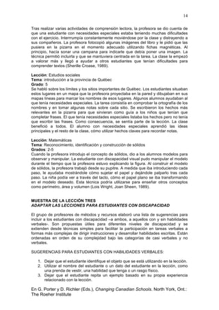14
En G. Porter y D. Richler (Eds.), Changing Canadian Schools. North York, Ont.:
The Roeher Institute
Tras realizar varias actividades de comprensión lectora, la profesora se dio cuenta de
que una estudiante con necesidades especiales estaba teniendo muchas dificultades
con el ejercicio. Interrrumpía constantemente moviéndose por la clase y distrayendo a
sus compañeros. La profesora fotocopió algunas imágenes del libro y le pidió que las
pusiera en la pizarra en el momento adecuado utilizando fichas magnéticas. Al
principio, hacía sonar una campana para indicarle que debía poner una imagen. La
técnica permitió incluirla y que se mantuviera centrada en la tarea. La clase la empezó
a valorar más y llegó a ayudar a otros estudiantes que tenían dificultades para
comprender textos (Sherille Croase, 1989).
Lección: Estudios sociales
Tema: introducción a la provincia de Québec
Grado: 5
Se habló sobre los límites y los sitios importantes de Québec. Los estudiantes situaban
estos lugares en un mapa que la profesora proyectaba en la pared y dibujaban en sus
mapas líneas para marcar los nombres de esos lugares. Algunos alumnos ayudaban al
que tenía necesidades especiales. La tarea consistía en comprobar la ortografía de los
nombres y en tomar algunas notas sobre cada sitio. Se escribieron los hechos más
relevantes en la pizarra para que sirvieran como guía a los niños que tenían que
completar frases. El que tenía necesidades especiales listaba los hechos pero no tenía
que escribir las frases. Como consecuencia, se sentía parte de la lección. La clase
benefició a todos. El alumno con necesidades especiales aprendió las ideas
principales y el resto de la clase, cómo utilizar hechos claves para recordar notas.
Lección: Matemáticas
Tema: Reconocimiento, identificación y construcción de sólidos
Grados: 2-5
Cuando la profesora introdujo el concepto de sólidos, dio a los alumnos modelos para
observar y manipular. La estudiante con discapacidad visual pudo manipular el modelo
durante el tiempo que la profesora estuvo explicando la figura. Al construir el modelo
de sólidos, la profesora trabajó desde su pupitre. A medida que iba introduciendo cada
paso, le ayudaba mostrándole cómo sujetar el papel y dejándole palparlo tras cada
paso. La niña podía ver a través del tacto, cómo el papel plano se iba transformando
en el modelo deseado. Esta técnica podría utilizarse para enseñar otros conceptos
como perímetro, área y volumen (Lois Wright, Joan Sheen, 1989).
MUESTRA DE LA LECCIÓN TRES
ADAPTAR LAS LECCIONES PARA ESTUDIANTES CON DISCAPACIDAD
El grupo de profesores de métodos y recursos elaboró una lista de sugerencias para
incluir a los estudiantes con discapacidad –a ambos, a aquellos con y sin habilidades
verbales-. Son propuestas útiles para diferentes niveles de discapacidad y se
extienden desde técnicas simples para facilitar la participación en tareas verbales a
formas más complejas de dirigir instrucciones y desarrollar habilidades escritas. Están
ordenadas en orden de su complejidad bajo las categorías de casi verbales y no
verbales.
SUGERENCIAS PARA ESTUDIANTES CON HABILIDADES VERBALES:
1. Dejar que el estudiante identifique el objeto que se está utilizando en la lección.
2. Utilizar el nombre del estudiante o un dato del estudiante en la lección, como
una prenda de vestir, una habilidad que tenga o un rasgo físico.
3. Dejar que el estudiante repita un ejemplo basado en su propia experiencia
relacionado con la lección.
 