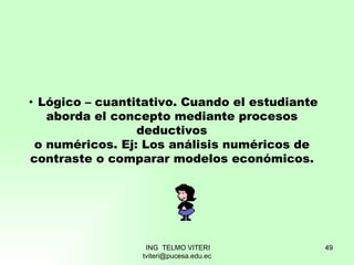 ·  Lógico – cuantitativo. Cuando el estudiante aborda el concepto mediante procesos deductivos o numéricos. Ej: Los anális...