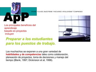ApP
“DÍGAME Y OLVIDO, MUÉSTREME Y RECUERDO. INVOLÚCREME Y COMPRENDO
Los principales beneficios del
aprendizaje
basado en proyectos
incluyen
Preparar a los estudiantes
para los puestos de trabajo.
Los muchachos se exponen a una gran variedad de
habilidades y de competencias tales como colaboración,
planeación de proyectos, toma de decisiones y manejo del
tiempo (Blank, 1997; Dickinsion et al, 1998).
 