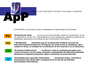 ApP
“DÍGAME Y OLVIDO, MUÉSTREME Y RECUERDO. INVOLÚCREME Y COMPRENDO
En EDUTEKA se promueven cuatro modalidades de Aprendizaje por Proyectos:
•Proyectos de Clase : con los que se busca facilitar, mejorar o profundizar, con el
uso significativo de las TIC, el aprendizaje en otras asignaturas; además de afianzar las
habilidades adquiridas en el manejo de las herramientas informáticas.
•“WebQuests” :proyectos que en su desarrollo emplean recursos de
Internet preseleccionados por el docente, de manera que el estudiante, para
realizar la tarea, se enfoque en la utilización de los recursos y no en buscarlos.
•Proyectos Colaborativos : se llevan a cabo en ambientes grupales que
cruzan fronteras, en los cuales, docentes y estudiantes de diferentes planteles
educativos comparten proyectos, ideas y opiniones en áreas diversas.
•Actividades para aprender Informática : proyectos cortos, concretos e
interesantes para desarrollar competencia en el uso de las distintas
herramientas informáticas.
 