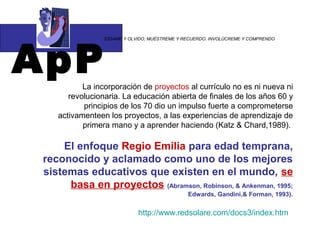 ApP
                “DÍGAME Y OLVIDO, MUÉSTREME Y RECUERDO. INVOLÚCREME Y COMPRENDO




           La incorporación de proyectos al currículo no es ni nueva ni
       revolucionaria. La educación abierta de finales de los años 60 y
           principios de los 70 dio un impulso fuerte a comprometerse
    activamenteen los proyectos, a las experiencias de aprendizaje de
           primera mano y a aprender haciendo (Katz & Chard,1989).

     El enfoque Regio Emilia para edad temprana,
 reconocido y aclamado como uno de los mejores
 sistemas educativos que existen en el mundo, se
      basa en proyectos (Abramson, Robinson, & Ankenman, 1995;
                                               Edwards, Gandini,& Forman, 1993).


                            http://www.redsolare.com/docs3/index.htm
 