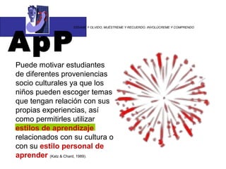 ApP
                 “DÍGAME Y OLVIDO, MUÉSTREME Y RECUERDO. INVOLÚCREME Y COMPRENDO




Puede motivar estudiantes
de diferentes proveniencias
socio culturales ya que los
niños pueden escoger temas
que tengan relación con sus
propias experiencias, así
como permitirles utilizar
estilos de aprendizaje
relacionados con su cultura o
con su estilo personal de
aprender (Katz & Chard, 1989).
 