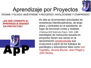 Aprendizaje por Proyectos
“DÍGAME Y OLVIDO, MUÉSTREME Y RECUERDO. INVOLÚCREME Y COMPRENDO”

 ¿EN QUÉ CONSISTE EL
                           En ella se recomiendan actividades de
 APRENDIZAJE BASADO        enseñanza interdisciplinarias, de largo
 EN PROYECTOS?             plazo y centradas en el estudiante, en
                           lugar de lecciones cortas y aisladas
                           (Challenge 2000 Multimedia Project, 1999). Las
                           estrategias de instrucción basada en
                           proyectos tienen sus raíces en la
                           aproximación constructivista que



 ApP
                           evolucionó a partir de los trabajos de
                           psicólogos y educadores tales como Lev
                           Vygotsky, Jerome Bruner, Jean Piaget y
                           John Dewey.
 